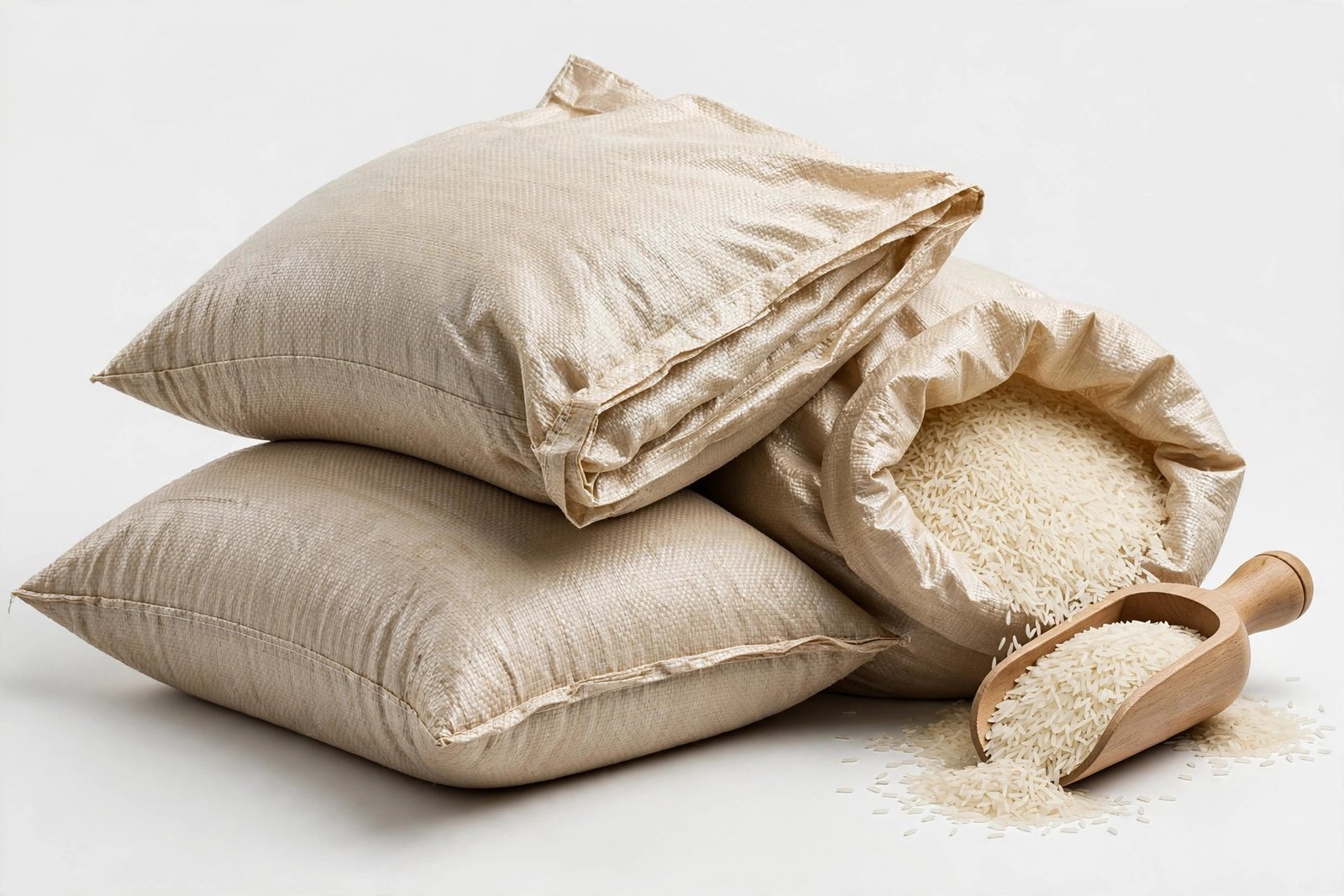 Bulk cases of long-grain white rice stacked in the Arsam warehouse