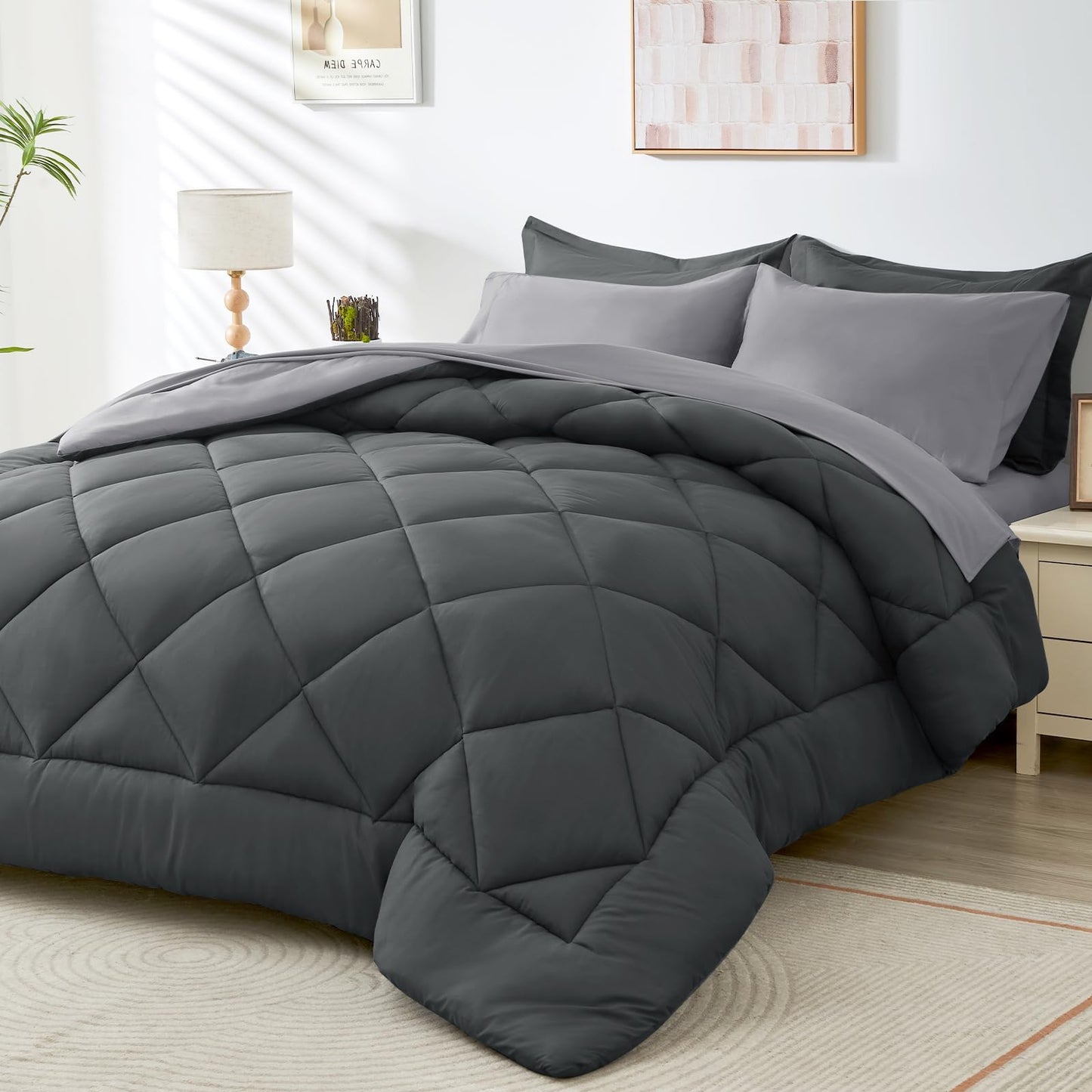 HEVUMYI 7 Pieces Queen Comforter Set, All Season Reversible Bed in a Bag Queen, Ultra Soft Queen Bedding Set