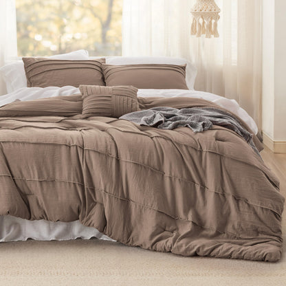 Bedsure Beige Queen Comforter Set - 4 Pieces Pinch Pleat Bed Set, Down Alternative Bedding Sets for All Season, 1 Comforter, 2 Pillowcases, 1 Decorative Pillow